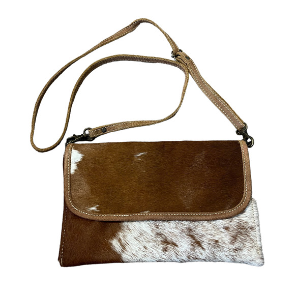 Myra Bag Handbags - Myra Bag with Brown and White Leather Cow Print Crossbody Purse Clutch